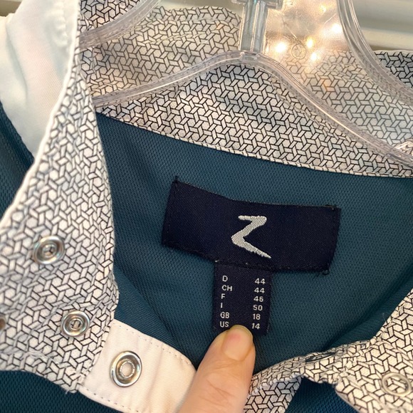 Horze‎ Equestrian Show Shirt Women Sz 14 Teal Blue Short Sleeve Snap Performance - Picture 2 of 12